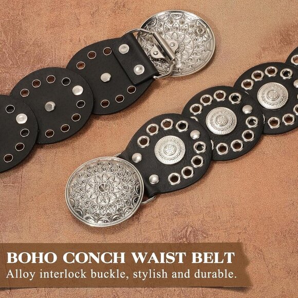 Women Vintage Disc Waist Concho Leather Belt Boho Waist Belt Black Silver Buckle main image 5
